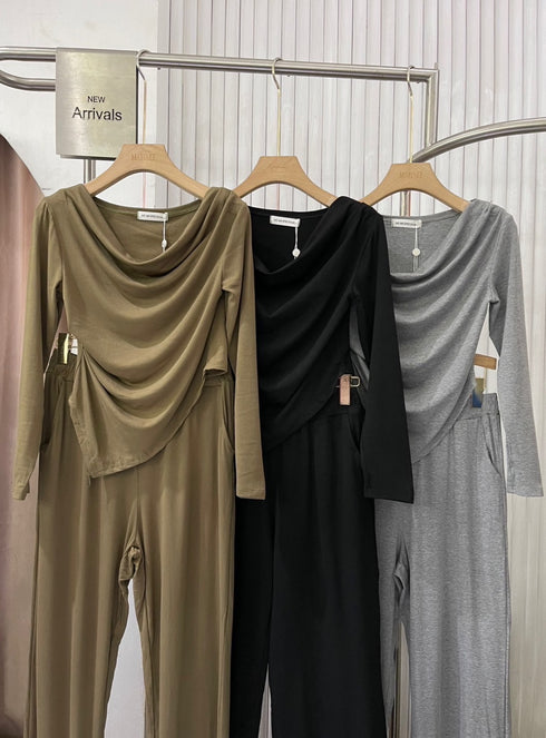 Cowl Neck Long Sleeves Tops With Trouser Sets